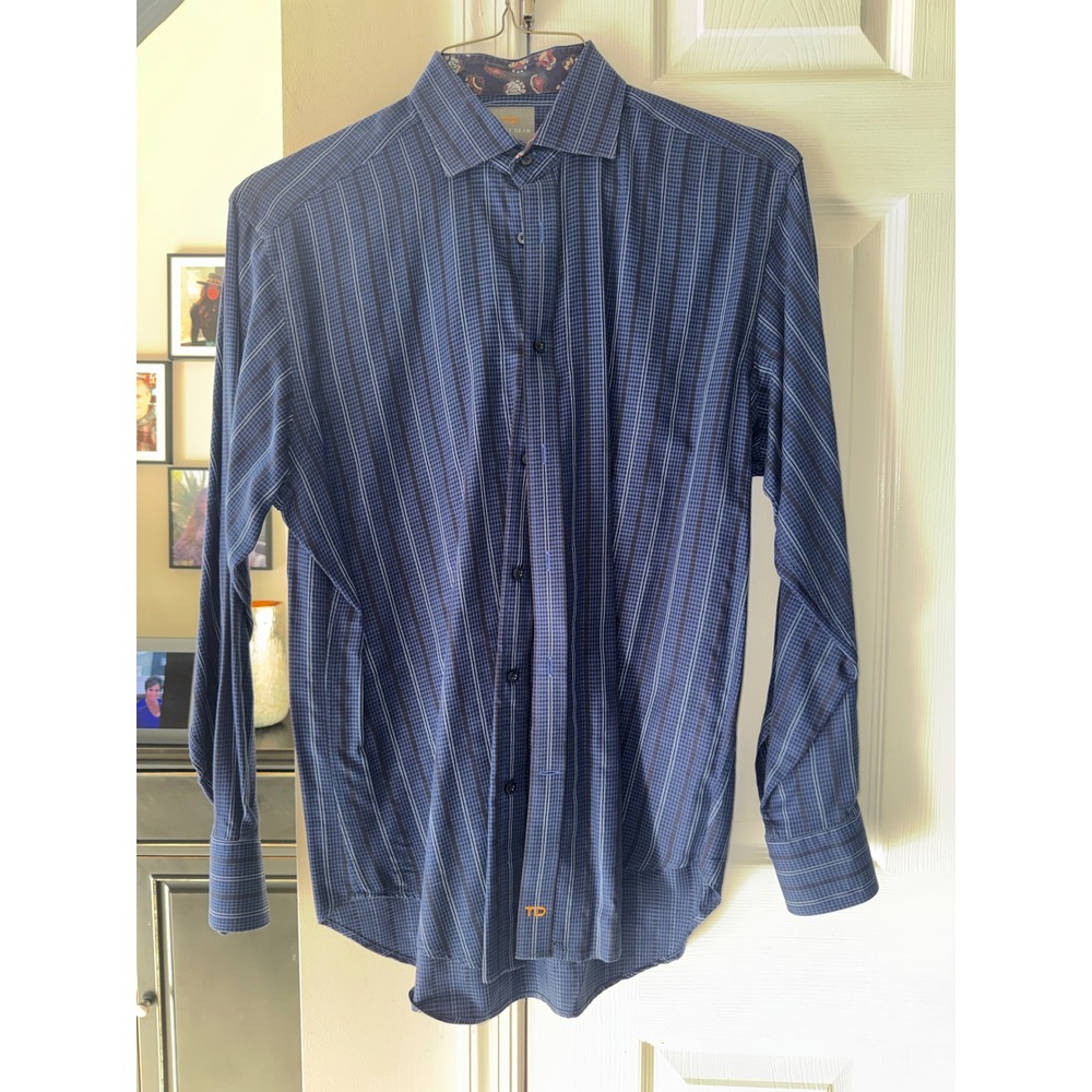 Thomas Dean Mens Blue Black Houndstooth Striped Pima‎ Cotton Dress Shirt Size M